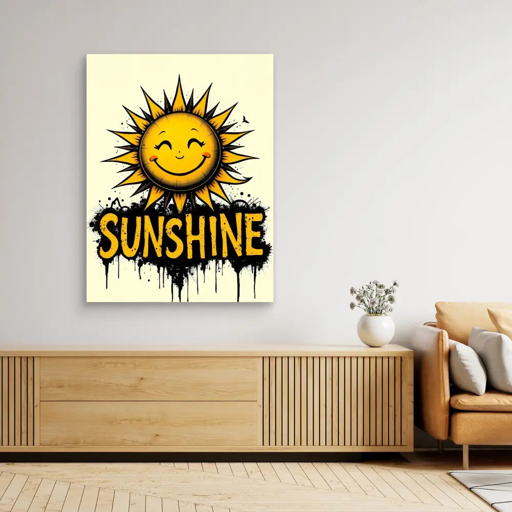 A cheerful yellow sun with the word ’SUNSHINE’ dripping in black paint beneath it.