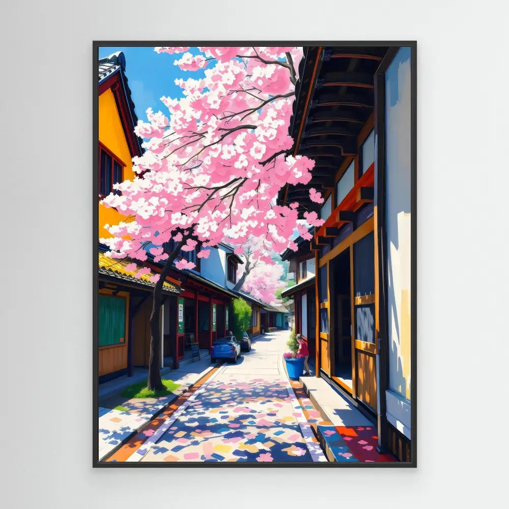 Cherry blossom tree blooming over a traditional Japanese street.