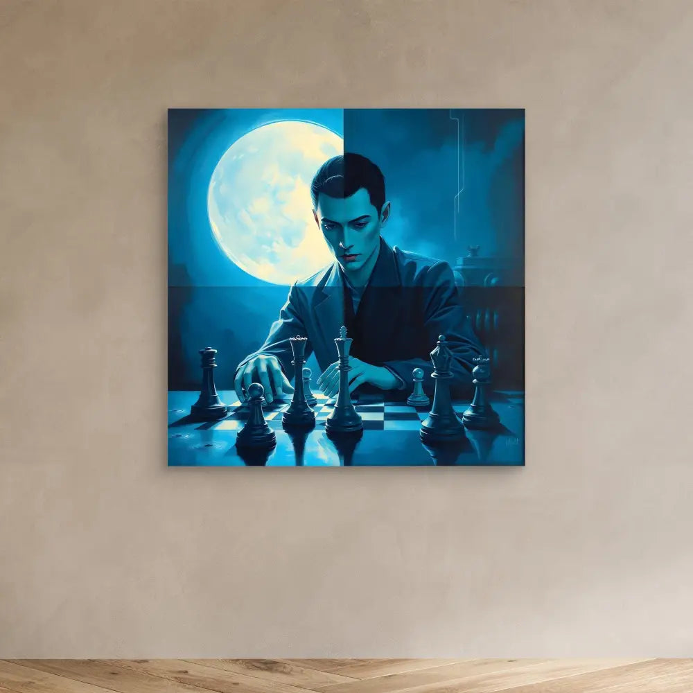 A chess player contemplating their next move under moonlight.