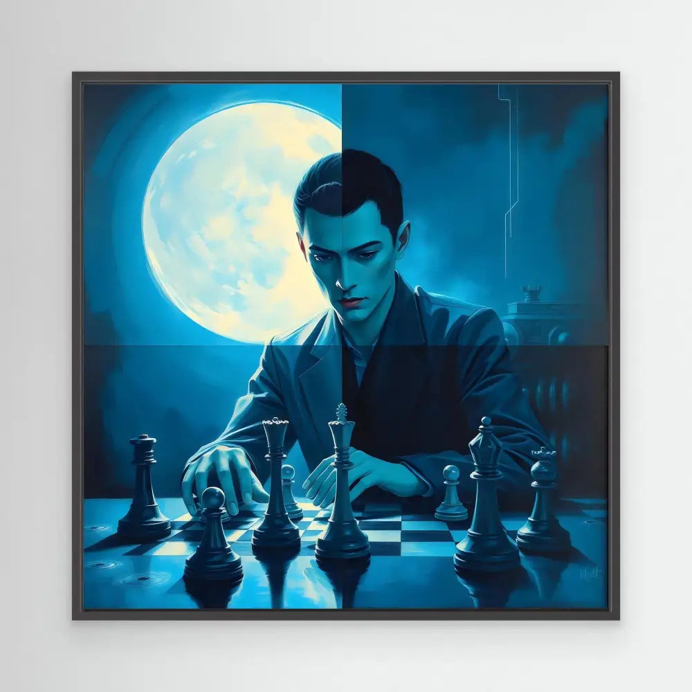 A chess player contemplating their next move under moonlight.