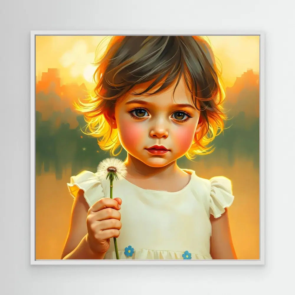 A child in a white dress holding a dandelion.