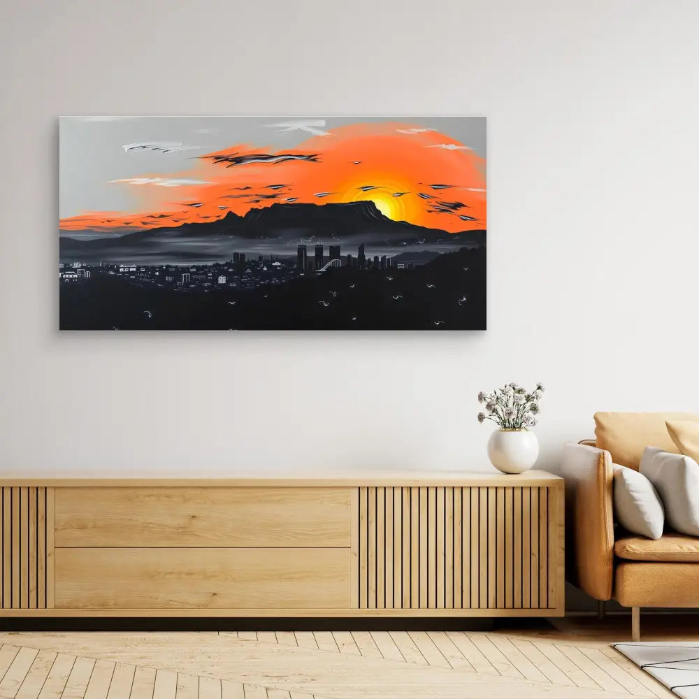 A cityscape painting featuring a dramatic orange and black sunset sky.