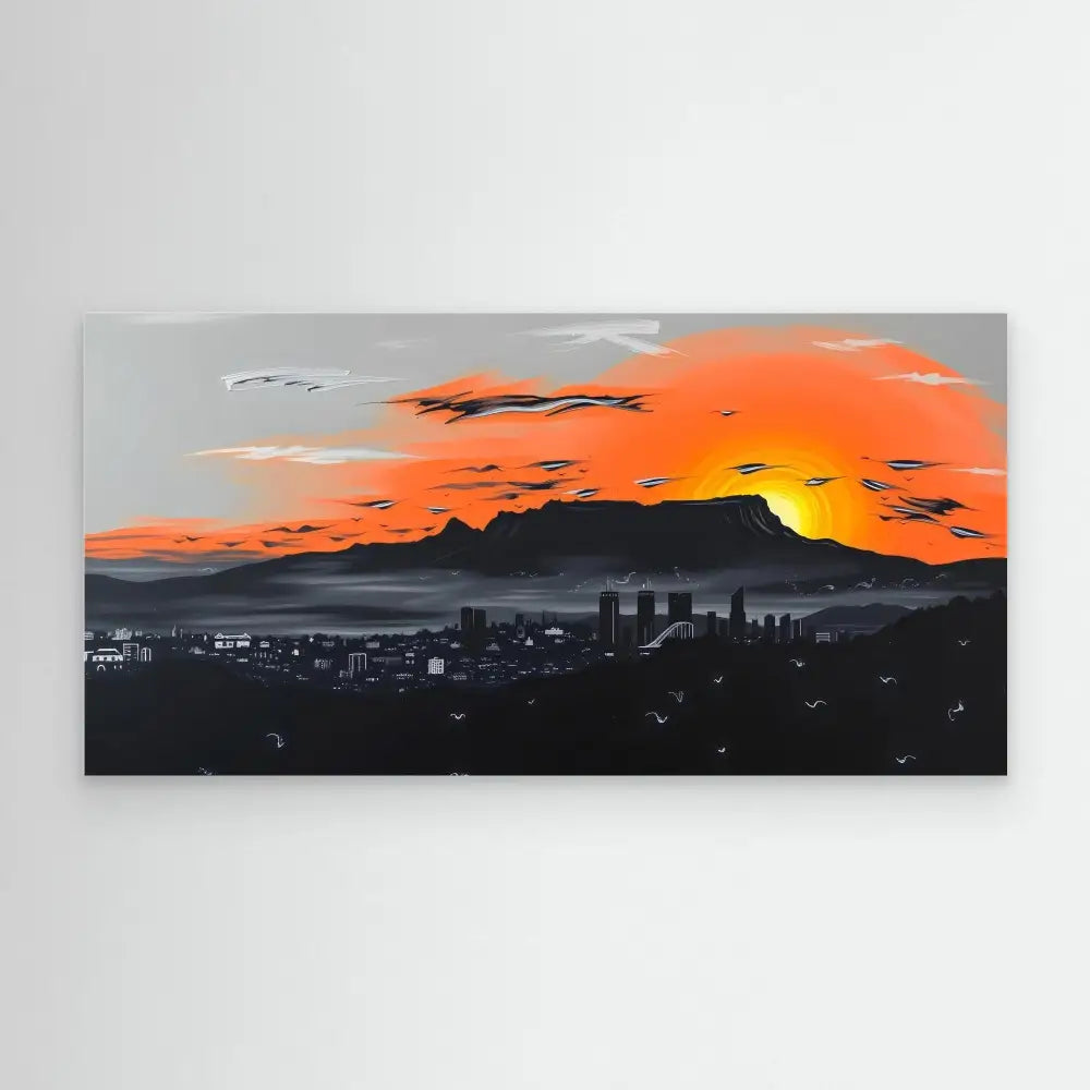 A cityscape silhouette against a vibrant orange and yellow sunset sky.