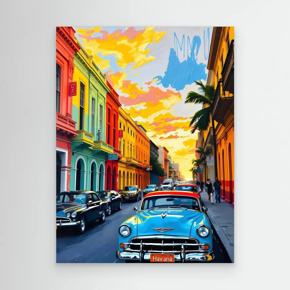 Classic blue Chevrolet car parked on a colorful Cuban street.