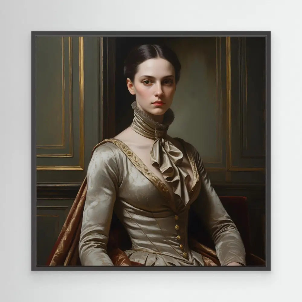 Classical portrait painting featuring a figure in an elegant Victorian-era silk dress with a high ruffled collar.