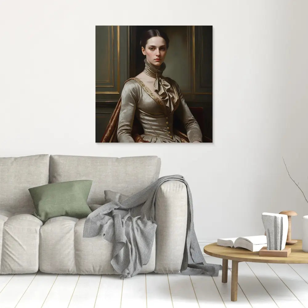 A classical portrait painting mounted on a white wall.