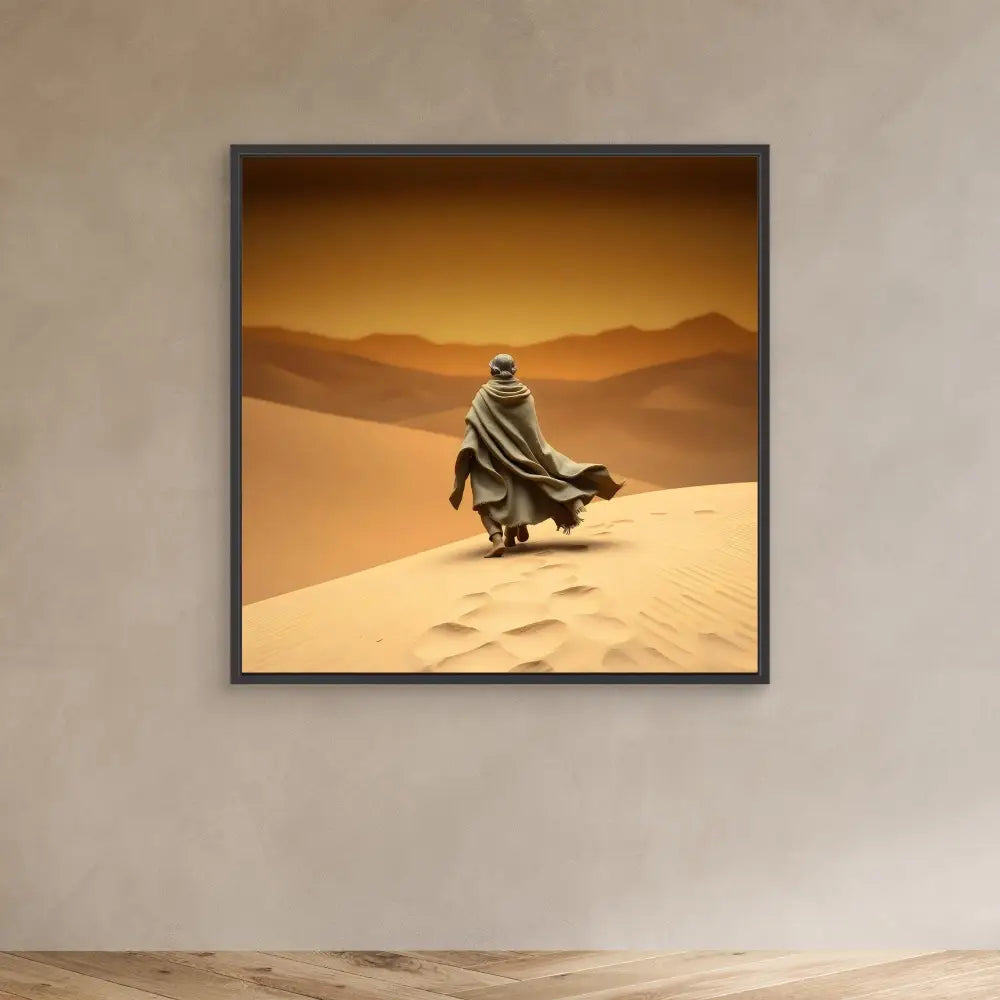 A cloaked figure standing atop a desert sand dune.