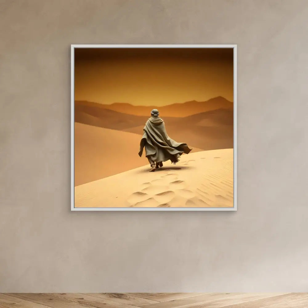 A cloaked figure standing atop a desert sand dune.