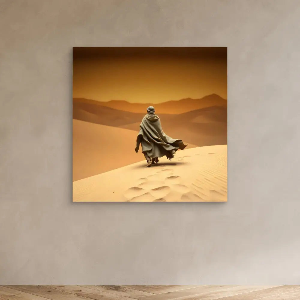 A cloaked figure standing atop a desert sand dune.