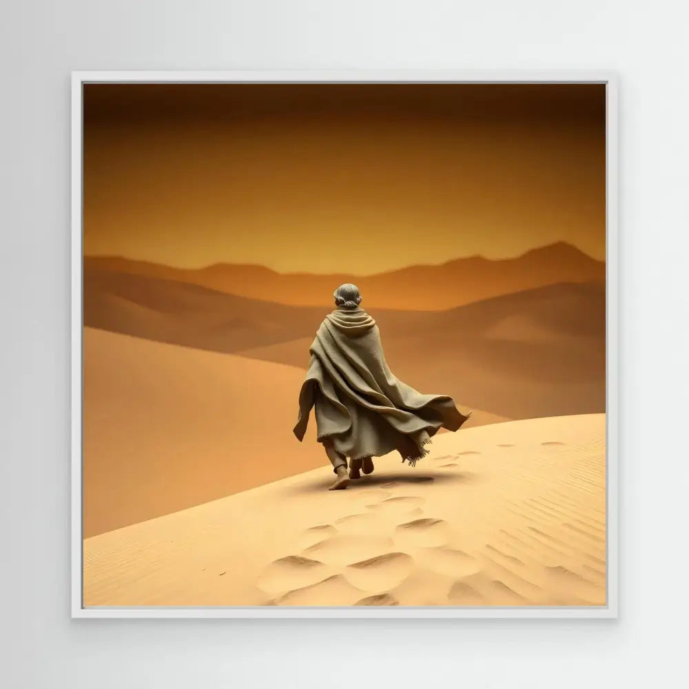 A cloaked figure walking on desert sand.