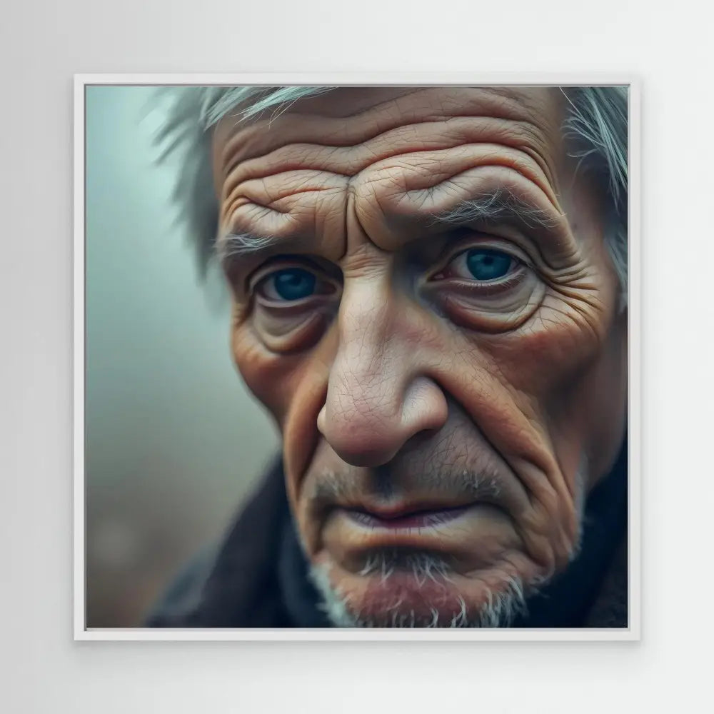 Close-up portrait of an elderly person with striking blue eyes and weathered skin.