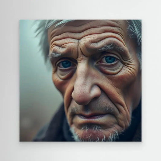 A close-up portrait of an elderly person with striking blue eyes and weathered skin.