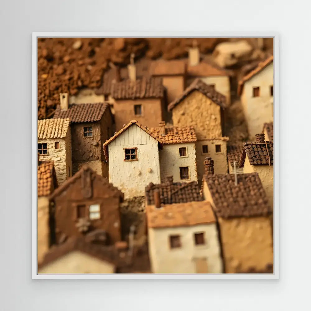 Cluster of rustic houses with terracotta tiled roofs in a Mediterranean village.