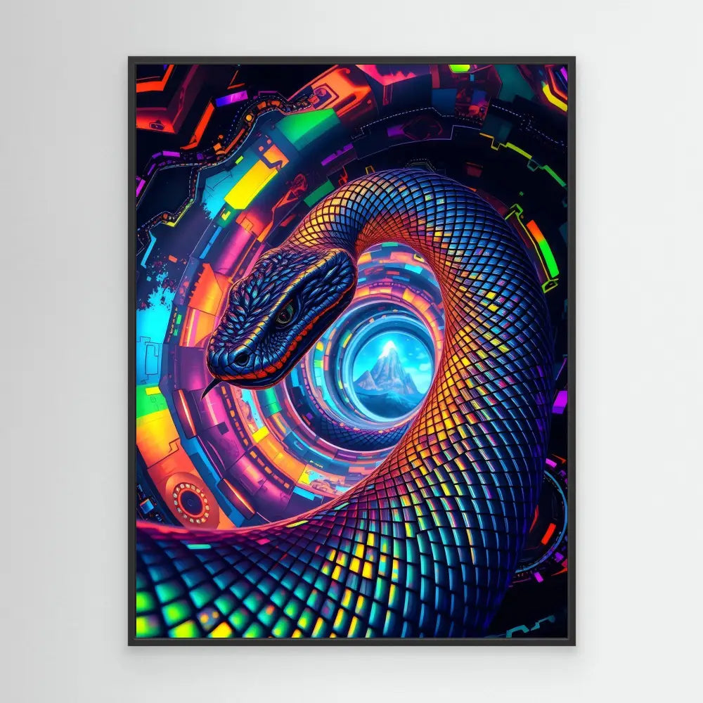 A coiled snake with iridescent rainbow-colored scales spiraling around a glowing blue orb.