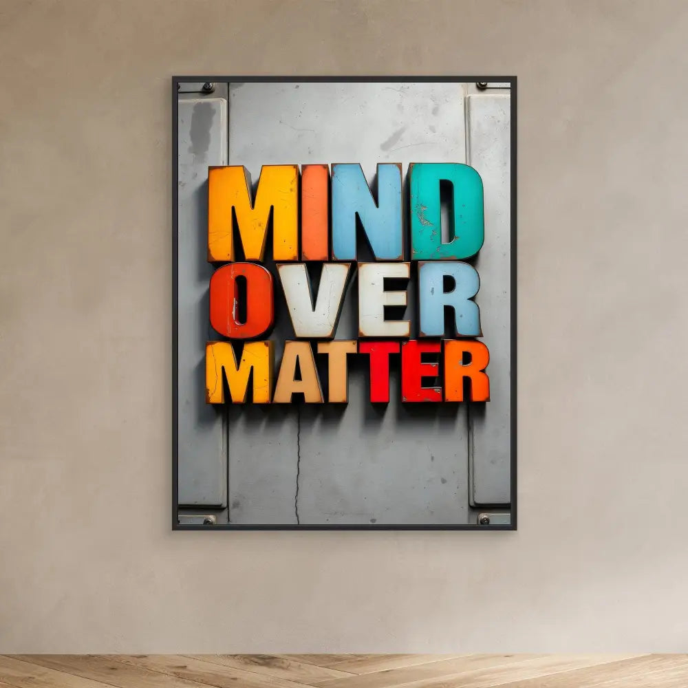 Colorful 3D text art spelling ’MIND OVER MATTER’ mounted within a frame.