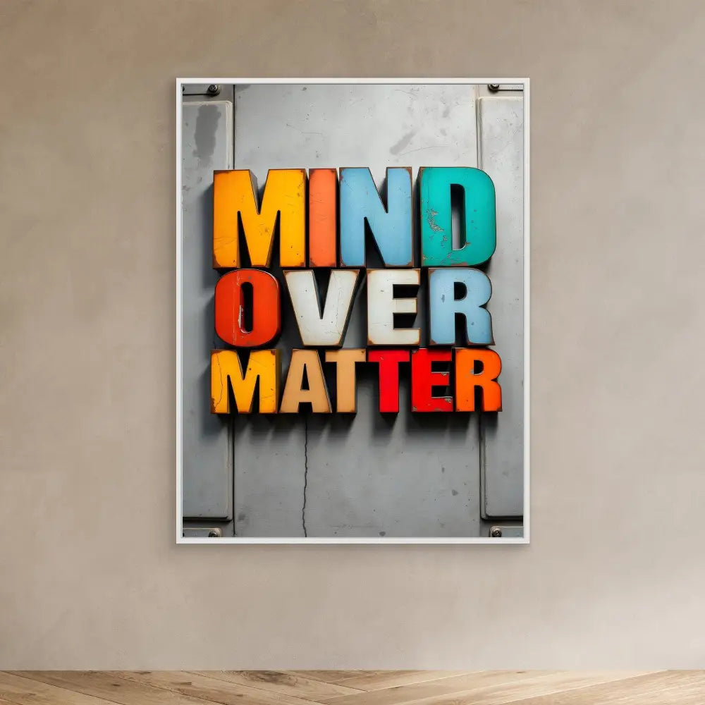 Colorful 3D text art spelling ’MIND OVER MATTER’ mounted on a light surface.