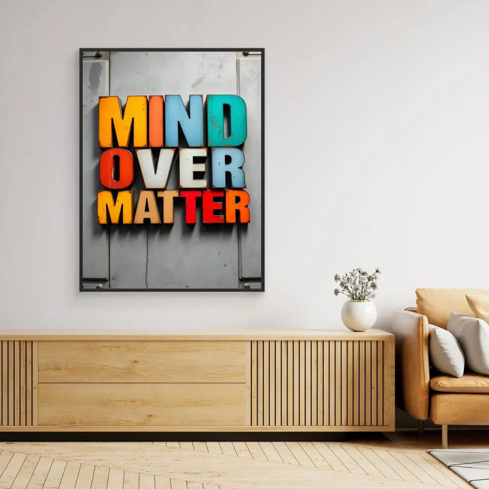 Colorful 3D text art spelling ’MIND OVER MATTER’ mounted on a wall panel.