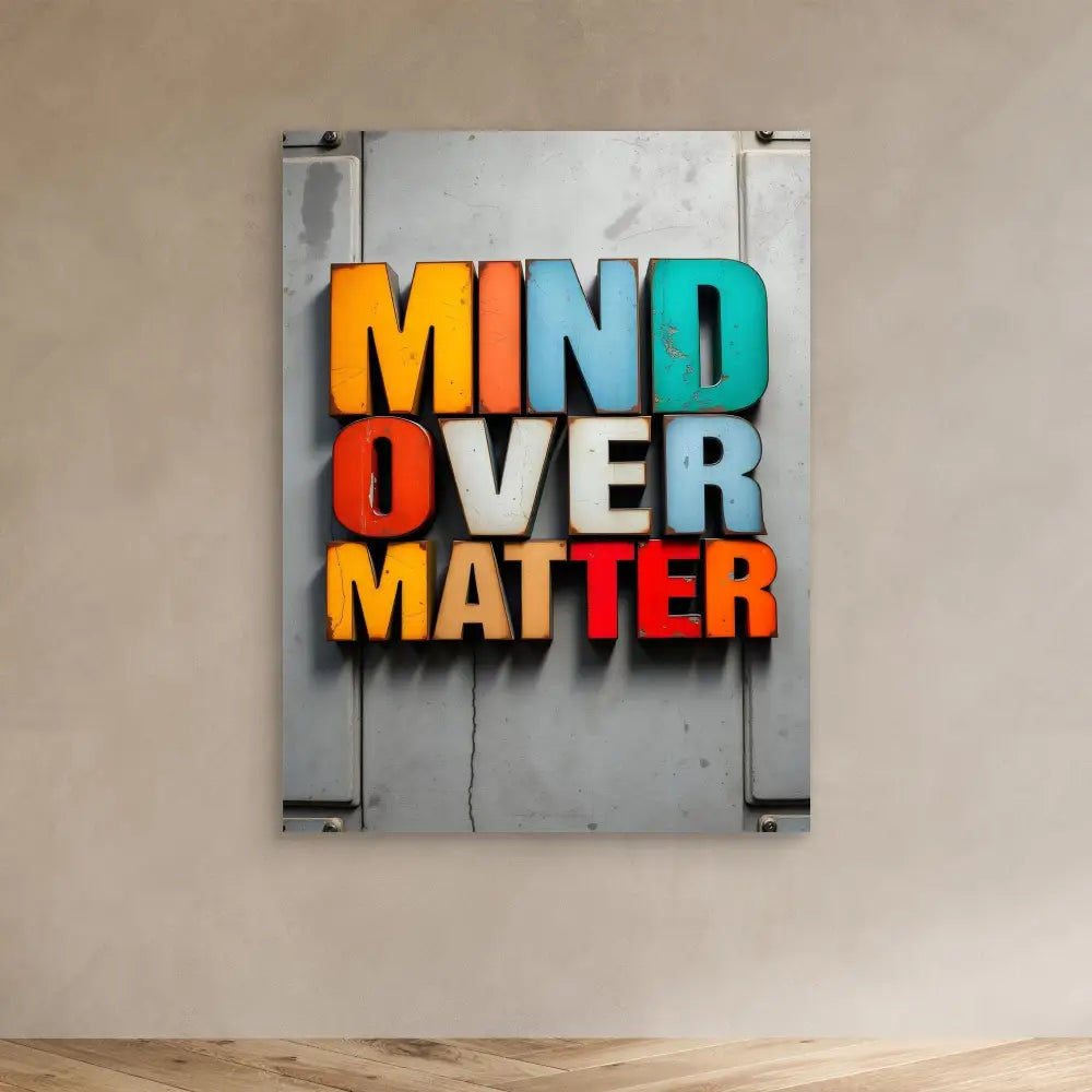 Colorful 3D text art spelling ’MIND OVER MATTER’ mounted on a metal panel.