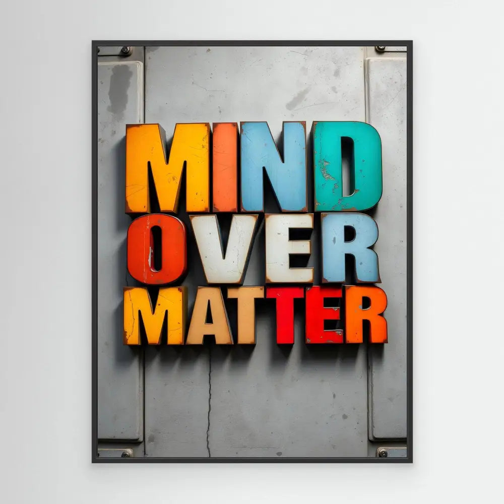 Colorful 3D text spelling ’MIND OVER MATTER’ mounted on a surface.