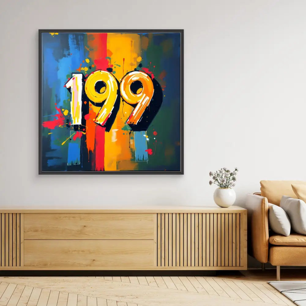 Colorful abstract artwork featuring the number ’199’’ in white against vibrant vertical stripes and paint splatters.