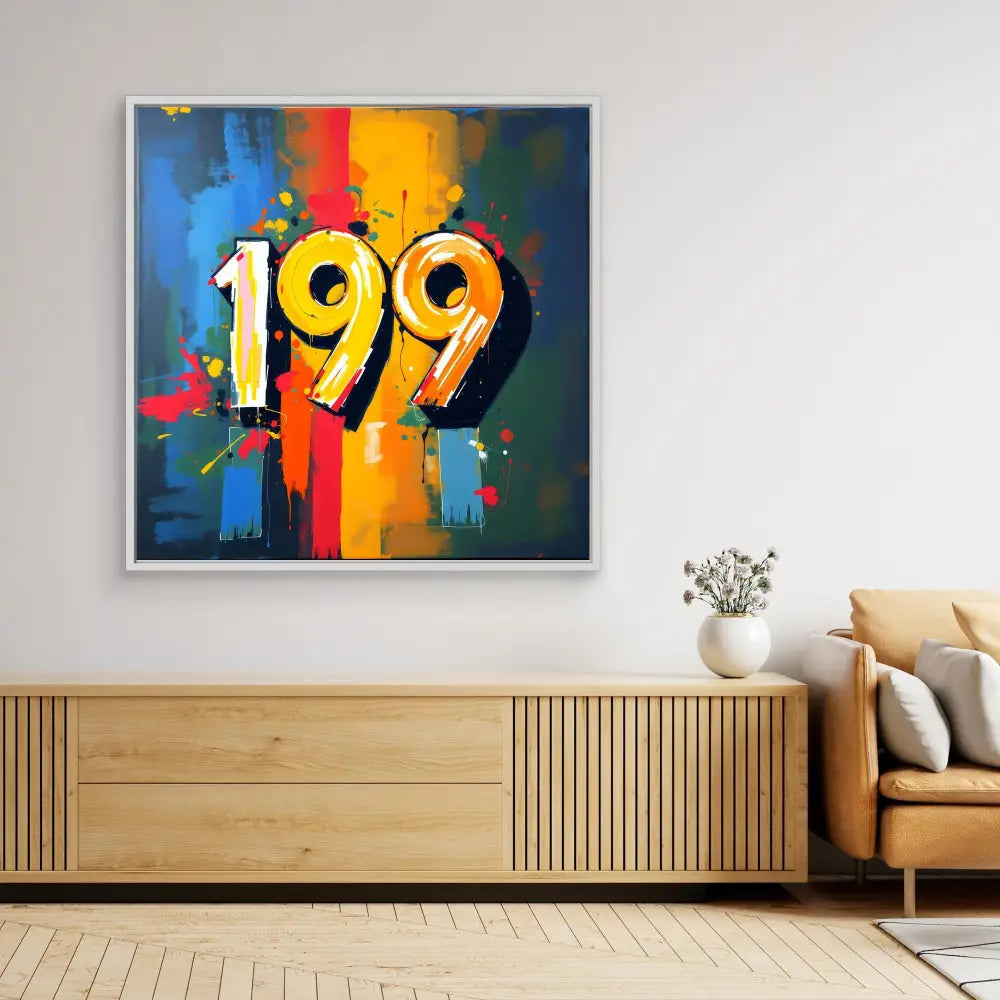 Colorful abstract artwork featuring the number ’199’’ with paint splatter effects.