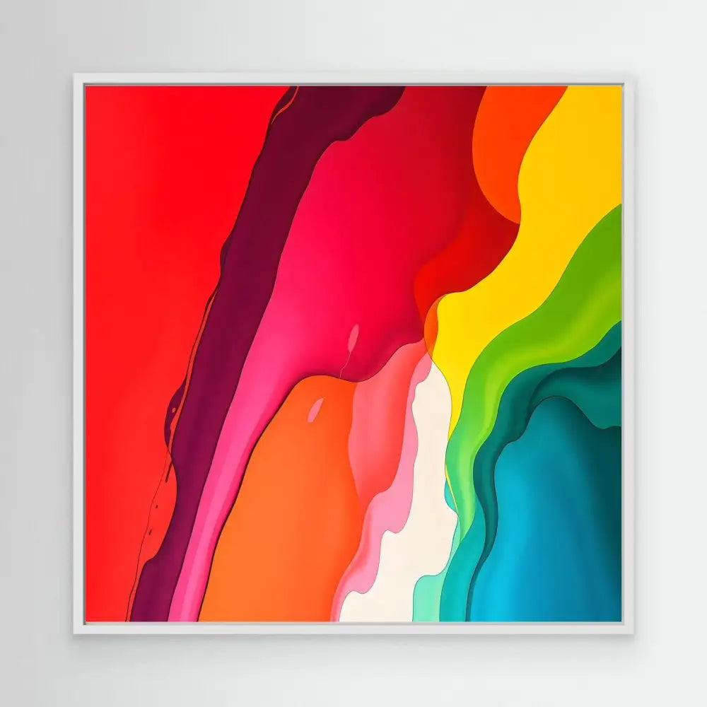 Colorful abstract artwork with wavy rainbow stripes flowing diagonally across the canvas.