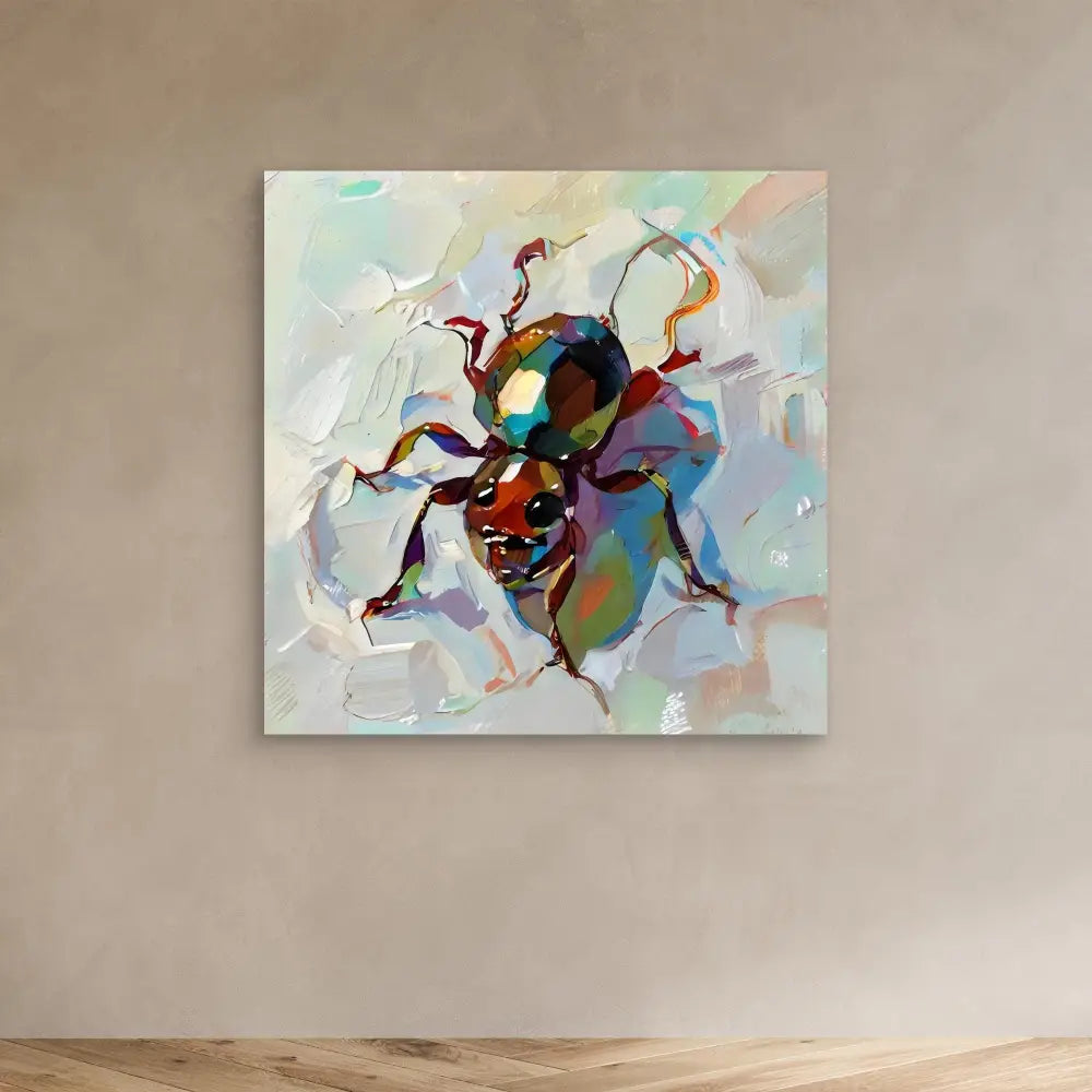 Colorful abstract beetle painted with swirling iridescent hues.