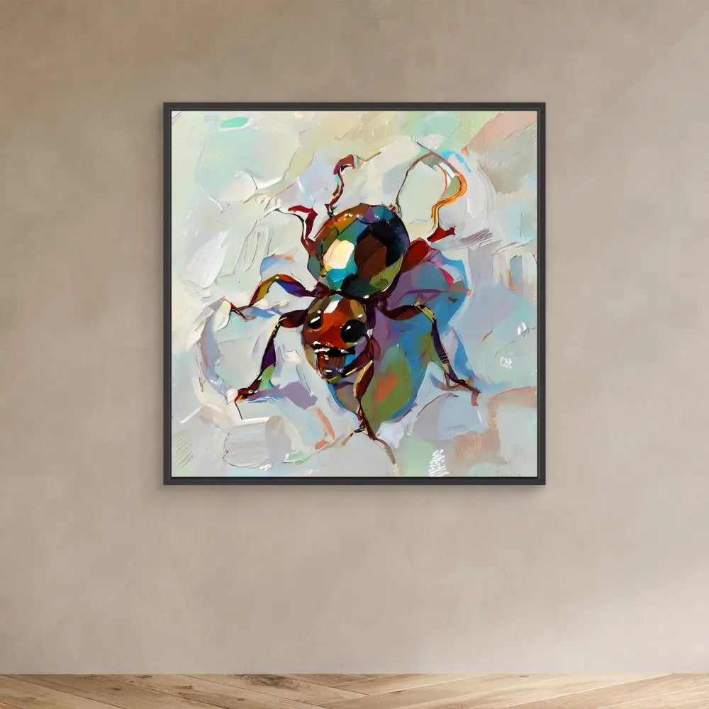 Colorful abstract beetle painted with vibrant blues, reds, and metallic tones.