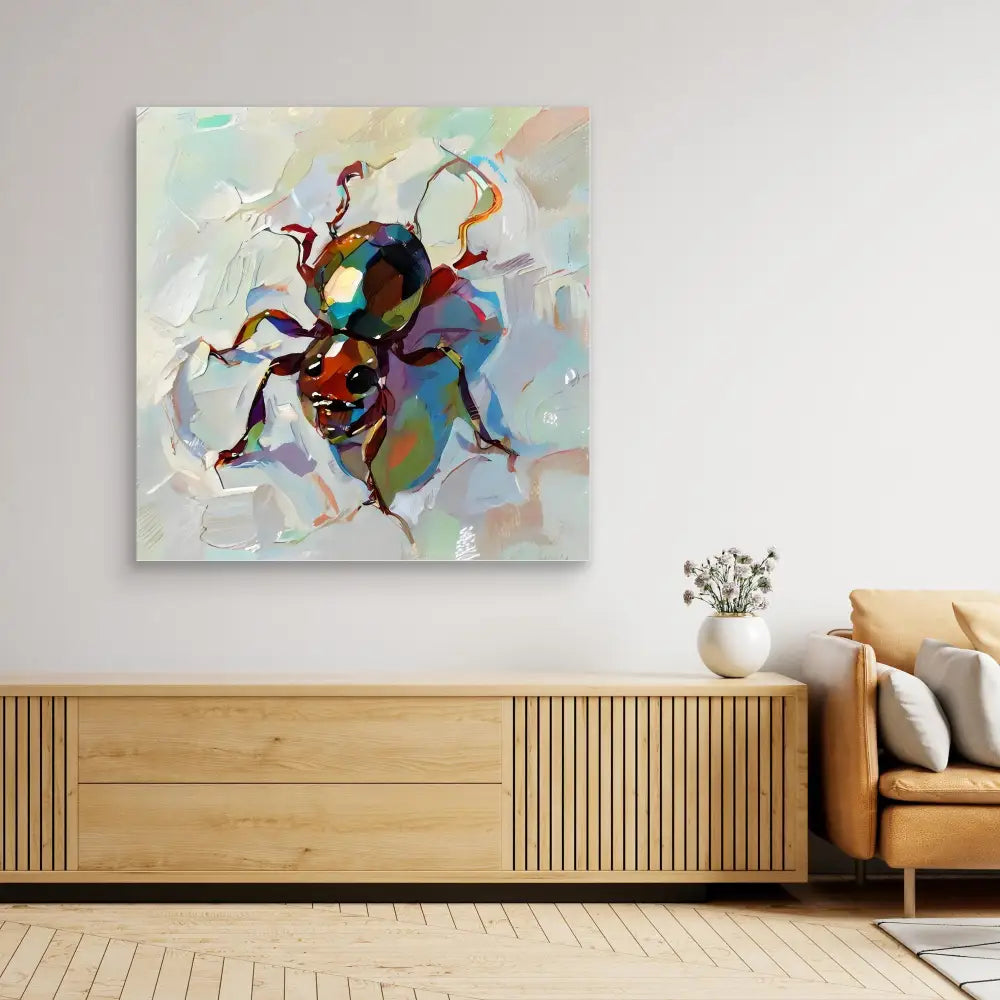 Colorful abstract beetle painting with swirling brushstrokes and iridescent tones.