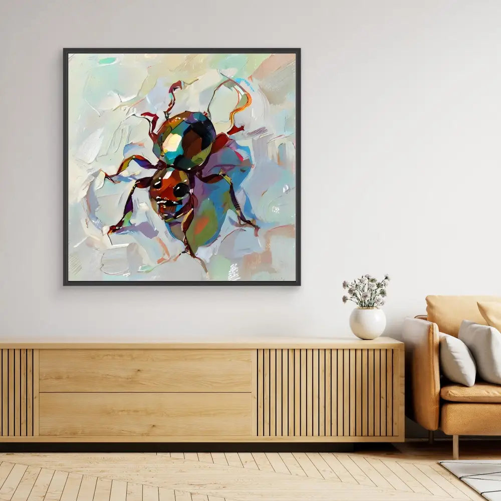 Colorful abstract beetle painting with iridescent hues and dynamic brushstrokes.