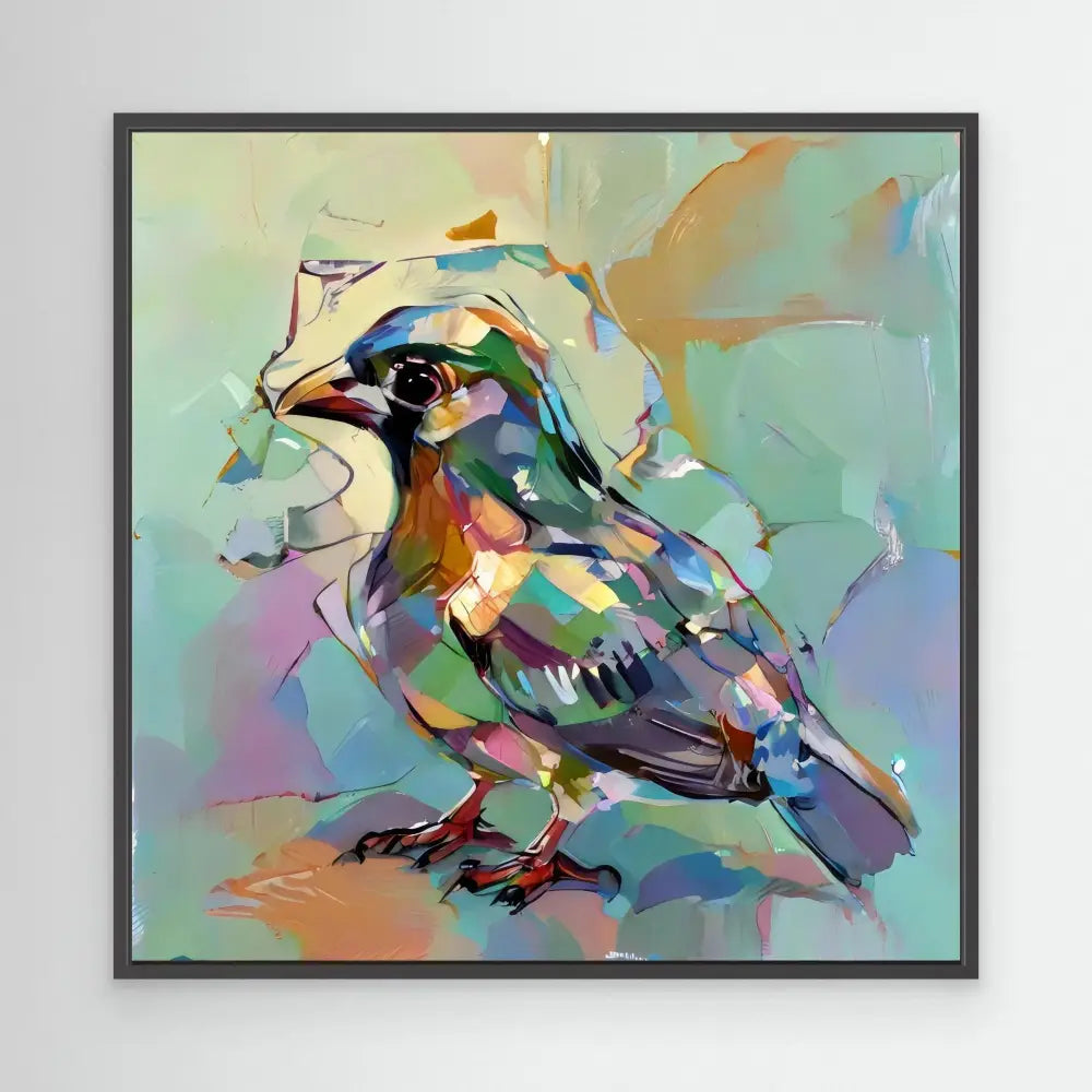 Colorful abstract bird painted with sweeping brushstrokes in vibrant blues, greens, and golds.