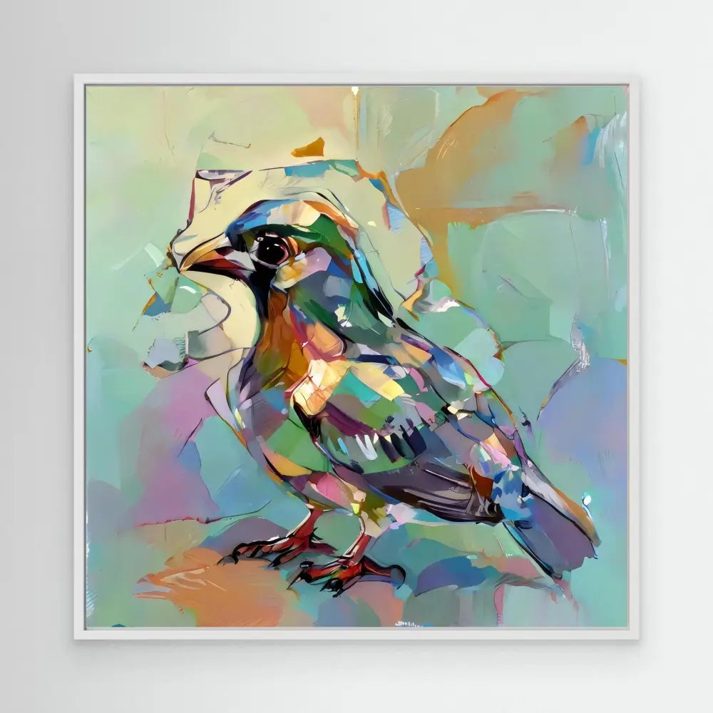 Colorful abstract bird painted with sweeping brushstrokes in pastel and jewel tones.