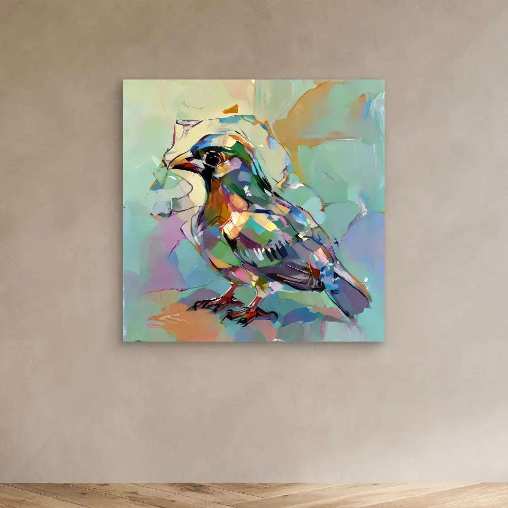 Colorful abstract bird painted with dynamic brushstrokes and swirling pastel hues.