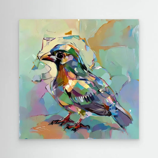 Colorful abstract bird painted with loose, expressive brushstrokes in vibrant pastels and jewel tones.