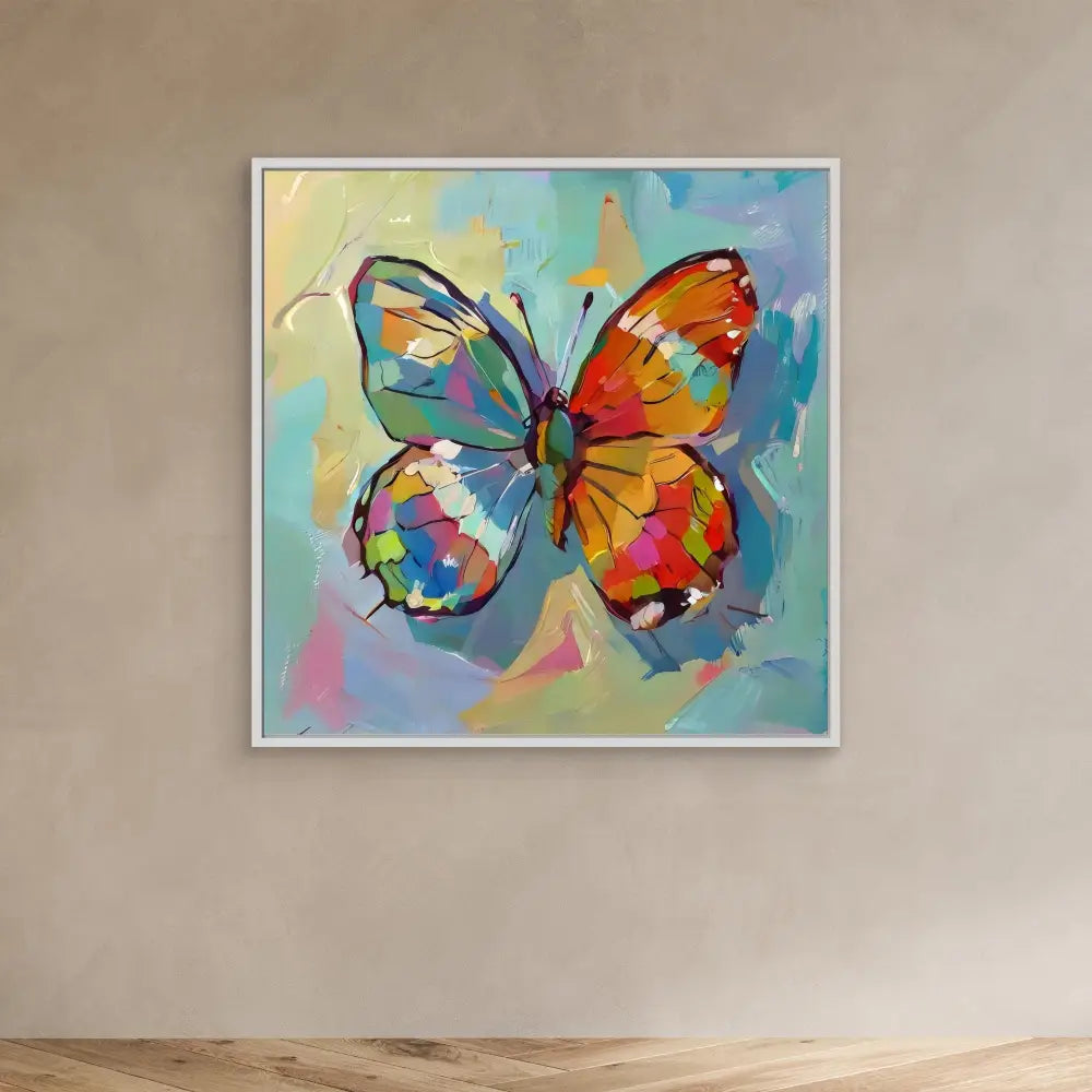 Colorful abstract butterfly painted with vibrant brushstrokes and bold hues.