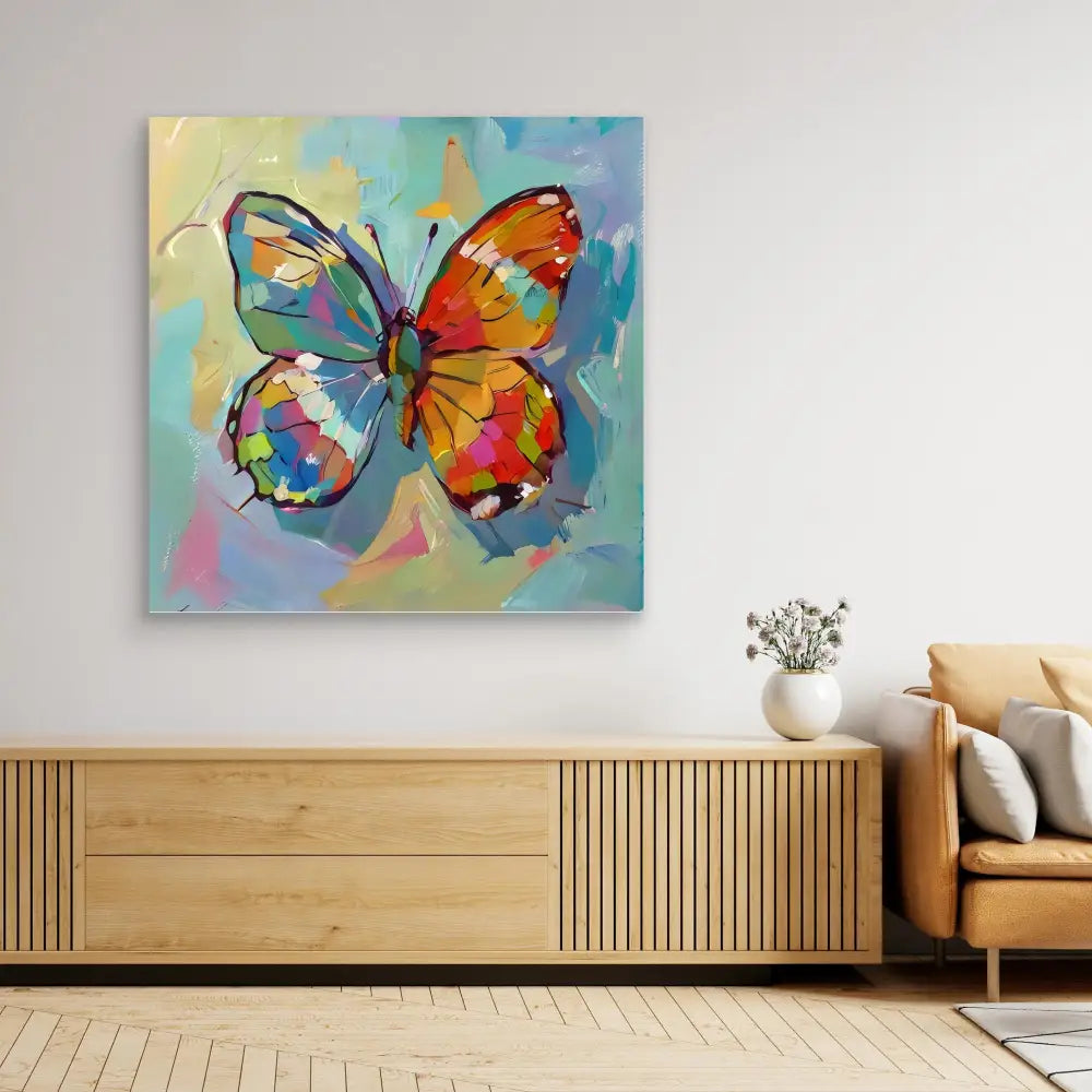 Colorful abstract butterfly painting with vibrant orange, blue, and rainbow hues.