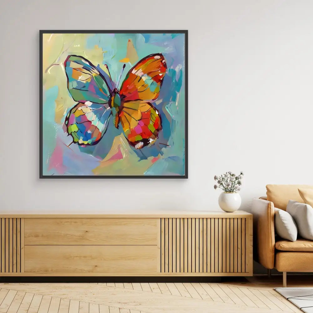 Colorful abstract butterfly painting with vibrant orange, blue, and rainbow hues.