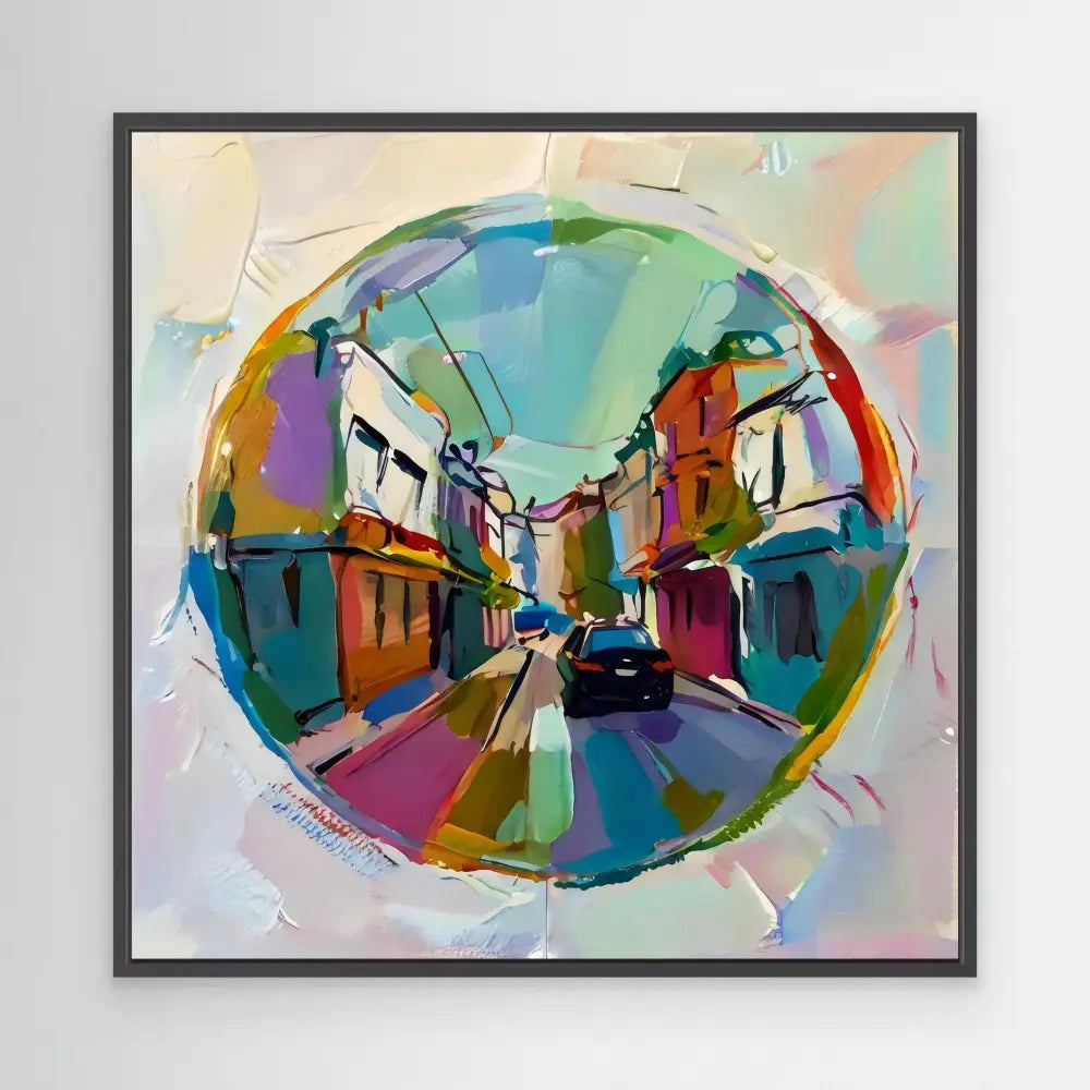 Colorful abstract circular painting of a city street with buildings and a car.