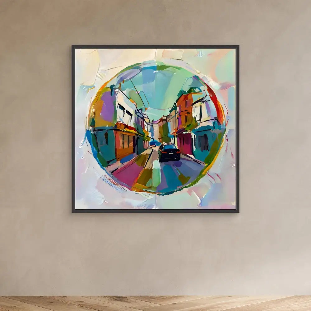 Colorful abstract circular painting of a city street with buildings in vibrant geometric shapes.