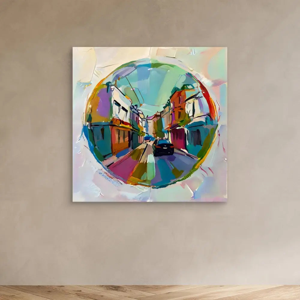 Colorful abstract circular painting of a city street with buildings in vibrant geometric shapes.