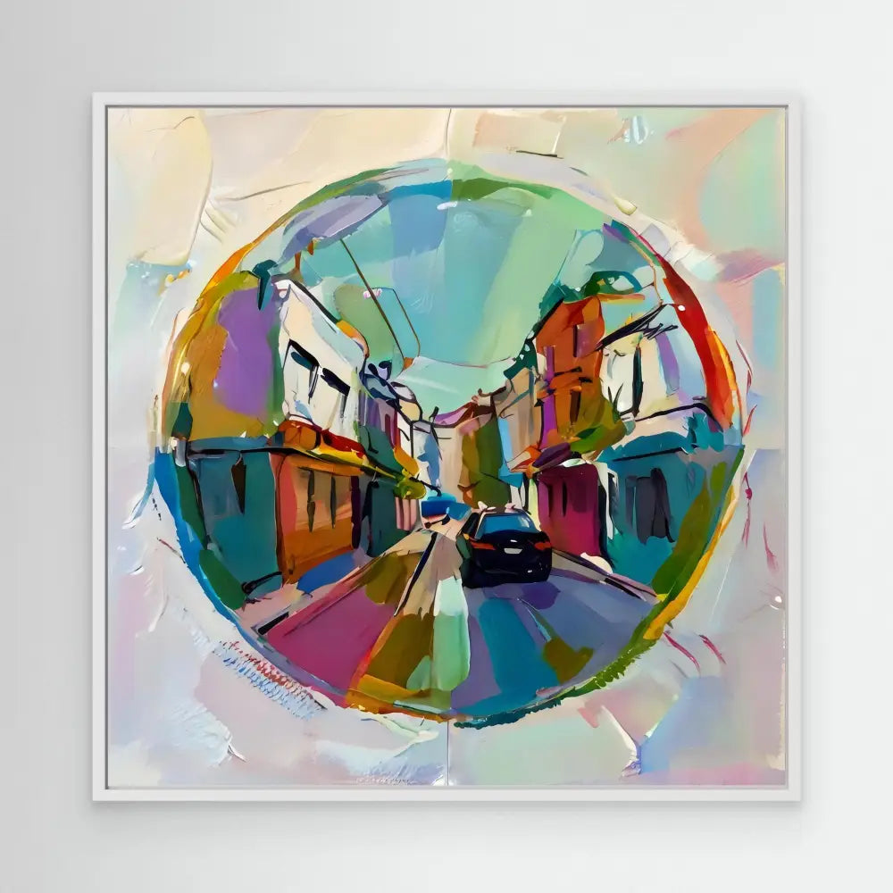 Colorful abstract circular painting of a city street with buildings and a car.