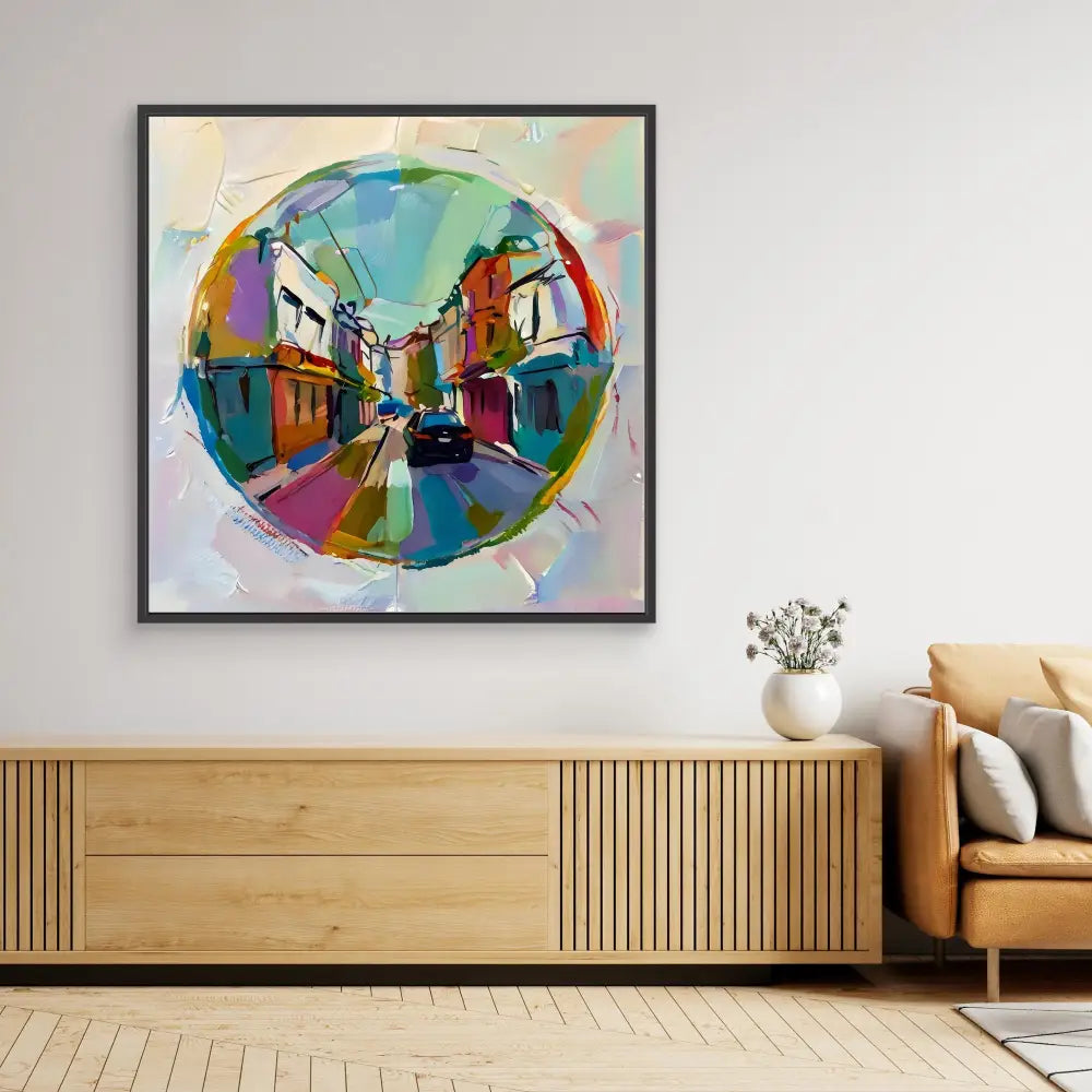 Colorful abstract circular painting of a city street with vibrant buildings.