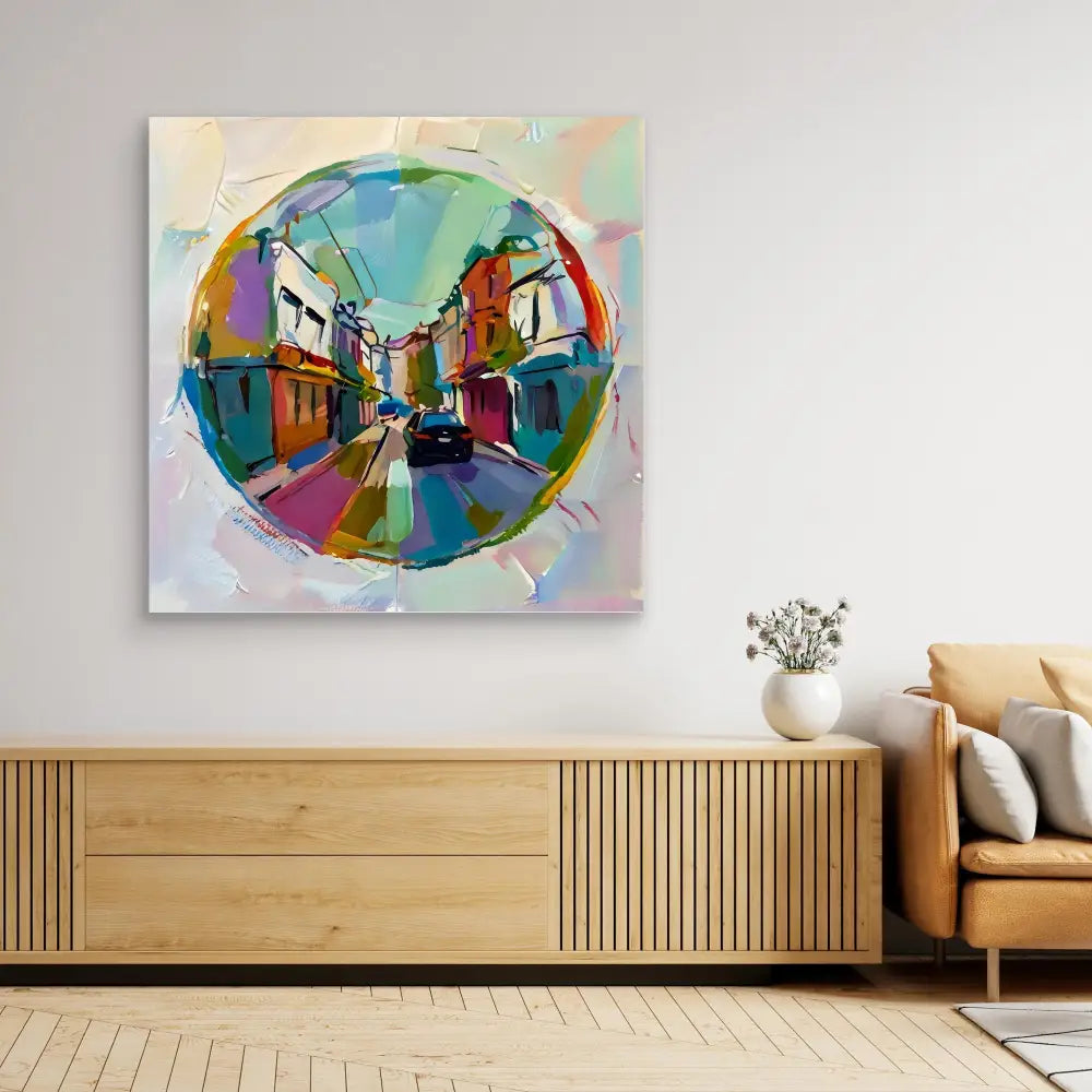 Colorful abstract cityscape painting in a circular composition on canvas.