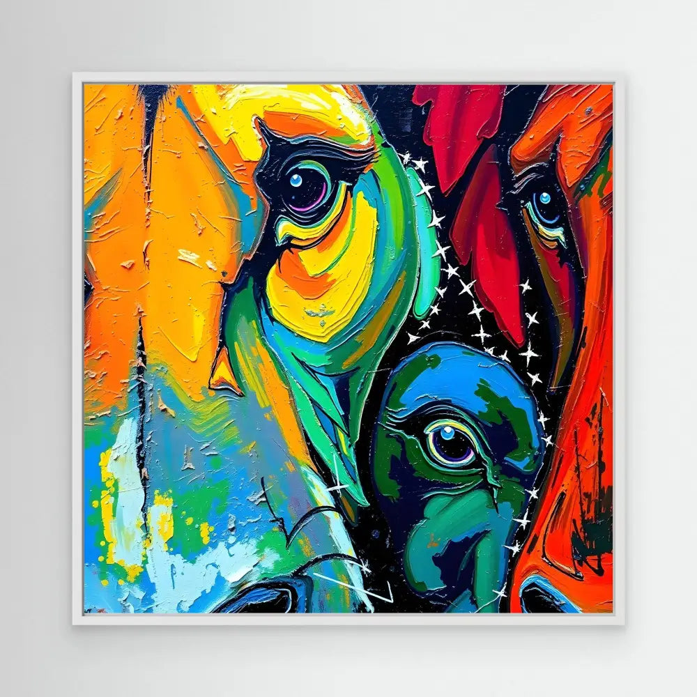 Colorful abstract dog portrait painted in vibrant blues, yellows, oranges and reds.