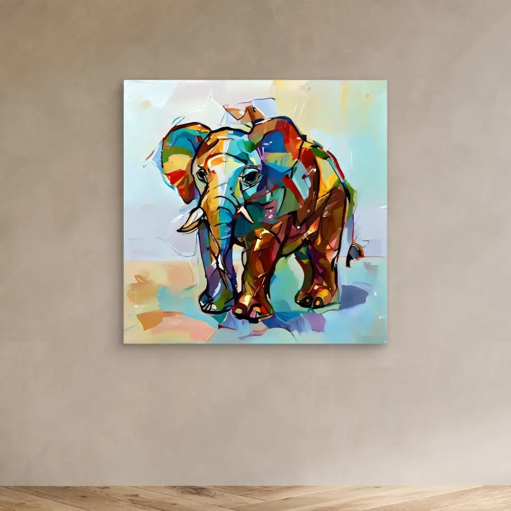 Colorful abstract elephant painted in geometric shapes with vibrant blues, oranges, and yellows.