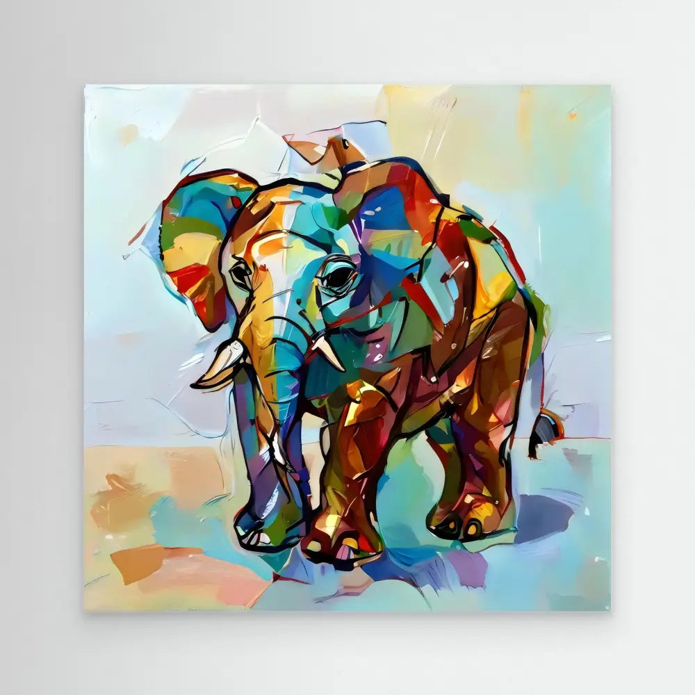 Colorful abstract elephant painted with vibrant geometric shapes and brushstrokes.