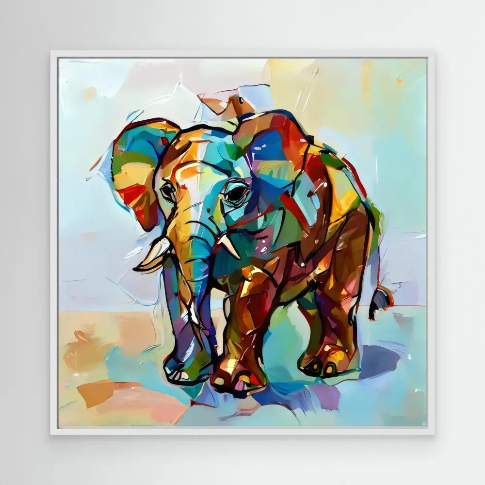 Colorful abstract elephant painted in vibrant geometric shapes and brushstrokes.