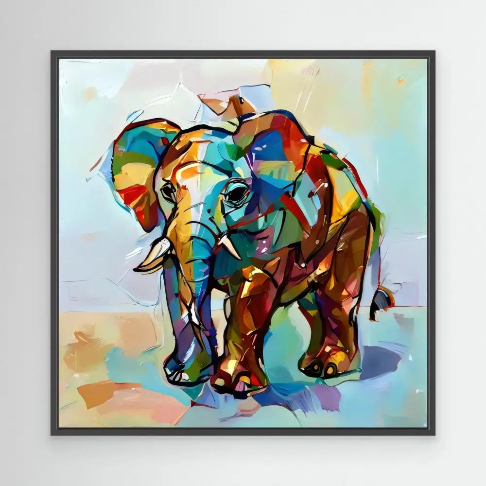 Colorful abstract elephant painted with vibrant geometric shapes and brushstrokes.