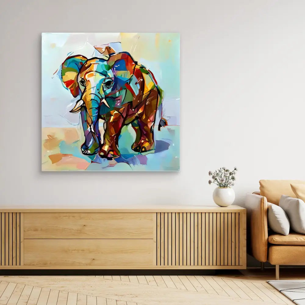 Colorful abstract elephant painting rendered in geometric shapes and vibrant rainbow hues.