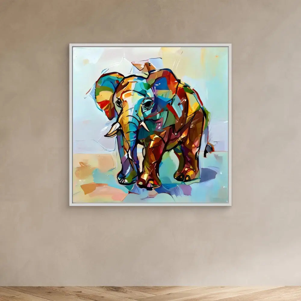 Colorful abstract elephant painting rendered in vibrant geometric shapes and brushstrokes.